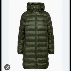 Aritzia Olive Green Long Puffer Coat with Hood